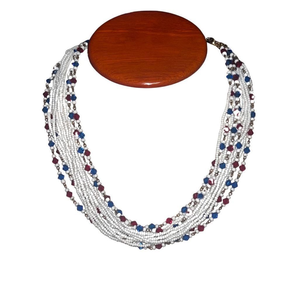 Vintage Hob’e Multistrand Red White Blue Beaded Choker Necklace